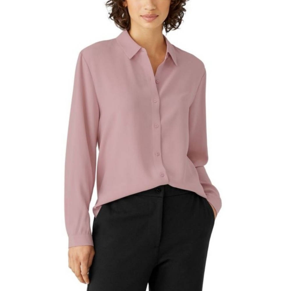 Eileen Fisher 100% Silk Long Sleeve Collar Button Up Shirt Women's Size XL Pink